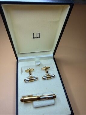 Dunhill Two-Tone Gold and Silver Cufflinks with Matching Tie Clip